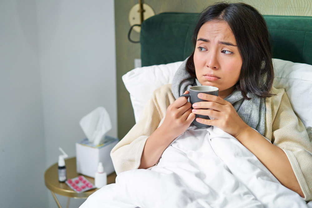 wanita sakit panas dalam duduk di tempat tidur sambil minum teh hangat