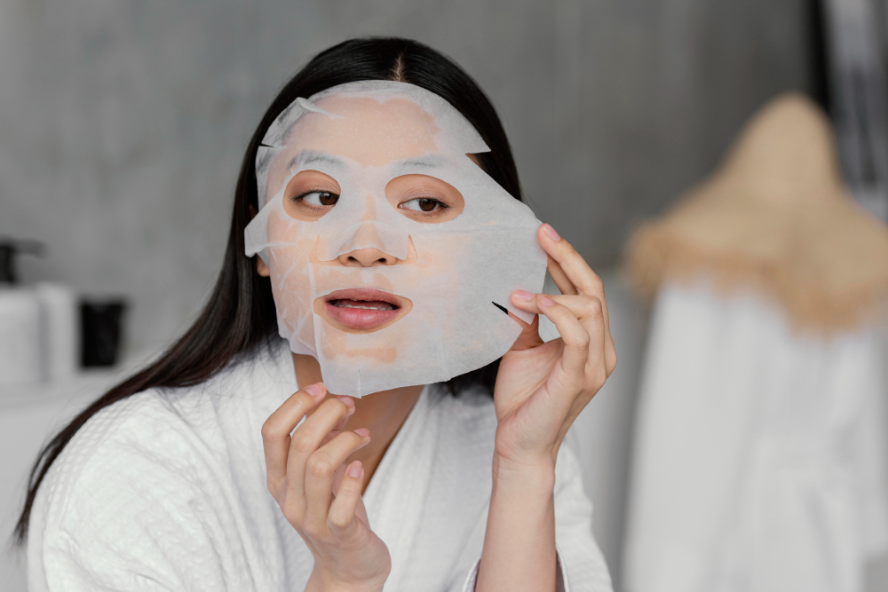 wanita sedang memakai masker wajah memakai jubah mandi warna putih