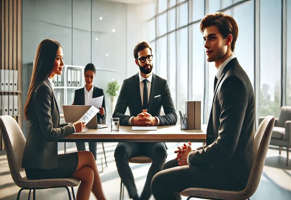 Seorang pria sedang menjalani wawancara kerja di sebuah kantor modern.